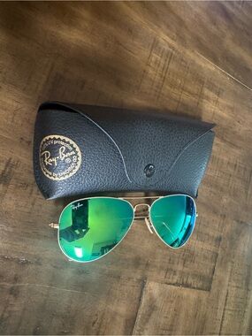 Ray-Ban Gold Frame Sunglasses with Green-Blue Mirrored Lenses
